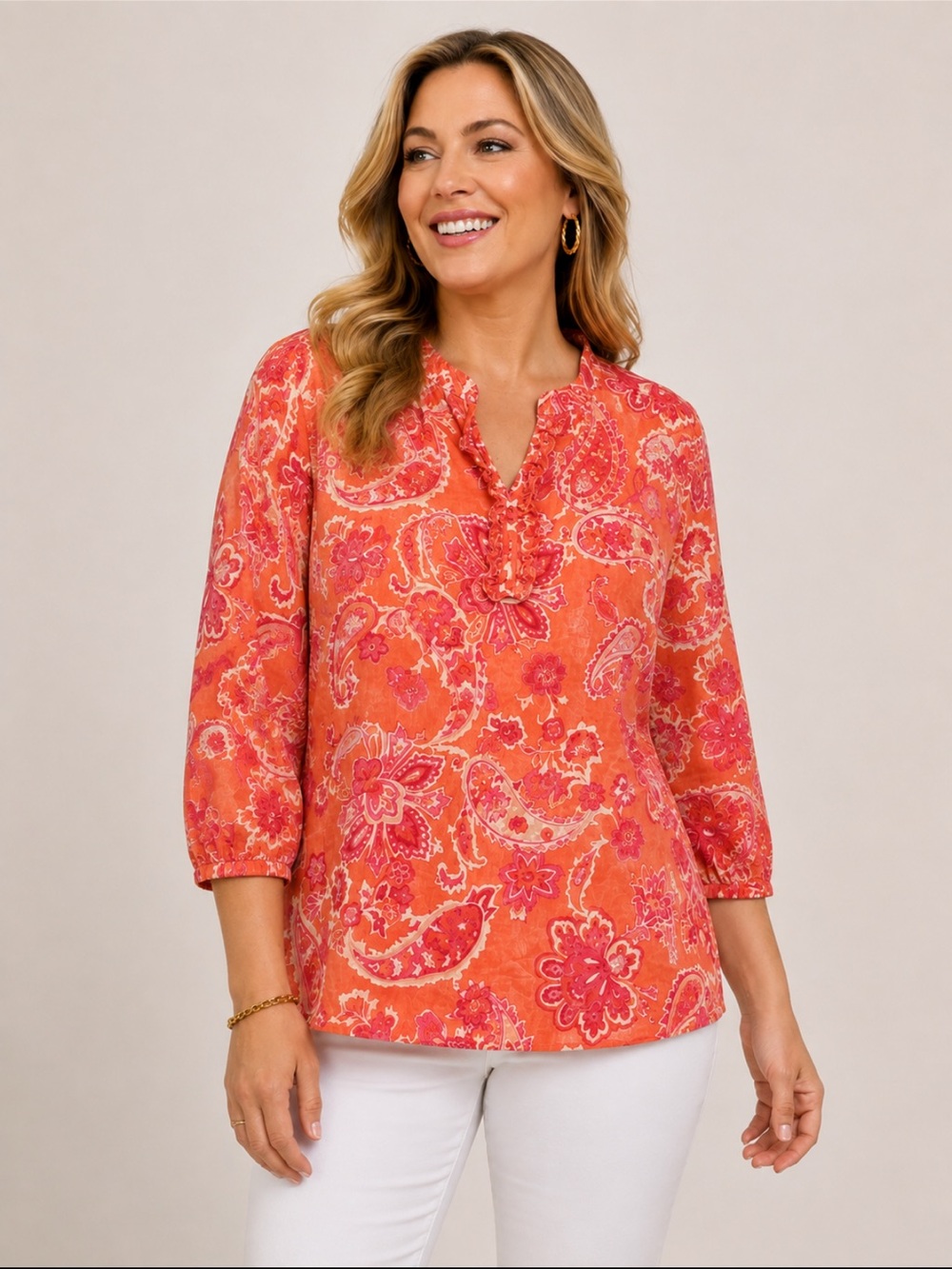 Talbots Woman 1X Coral Paisley Floral Blouse 100% Cotton 3/4 Sleeve